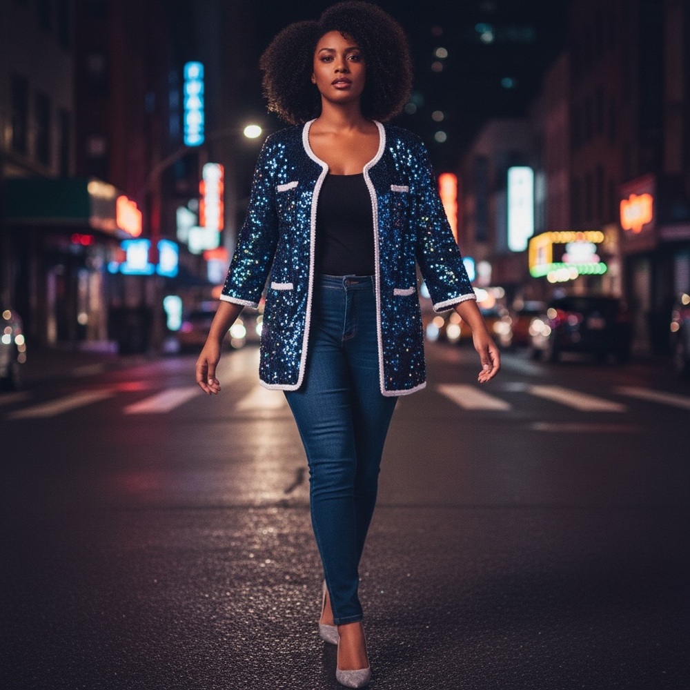 IMAN Navy Sequin Jacket with White Trim
